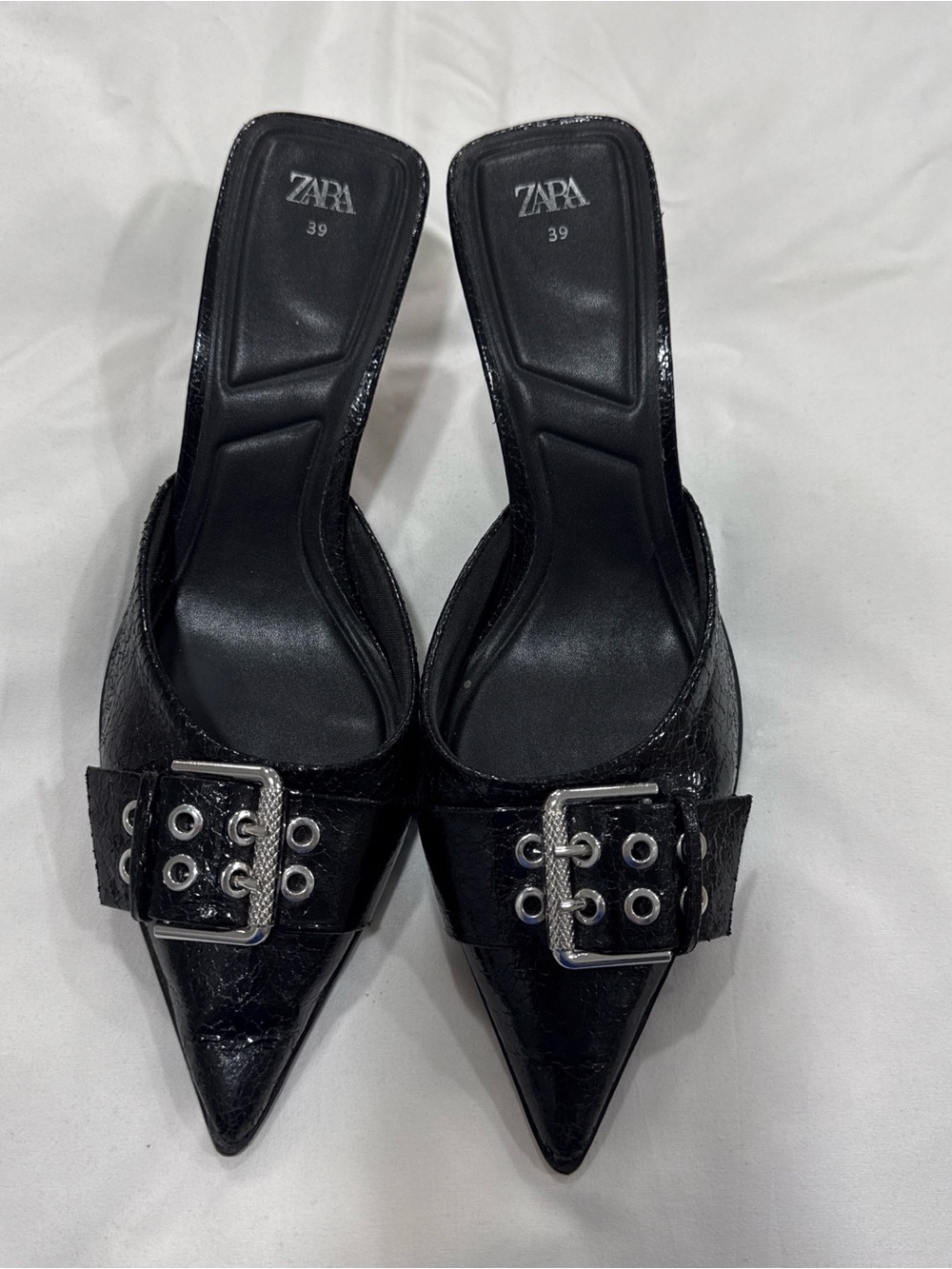 Zara Black Pointed Buckle Slip-On Mules